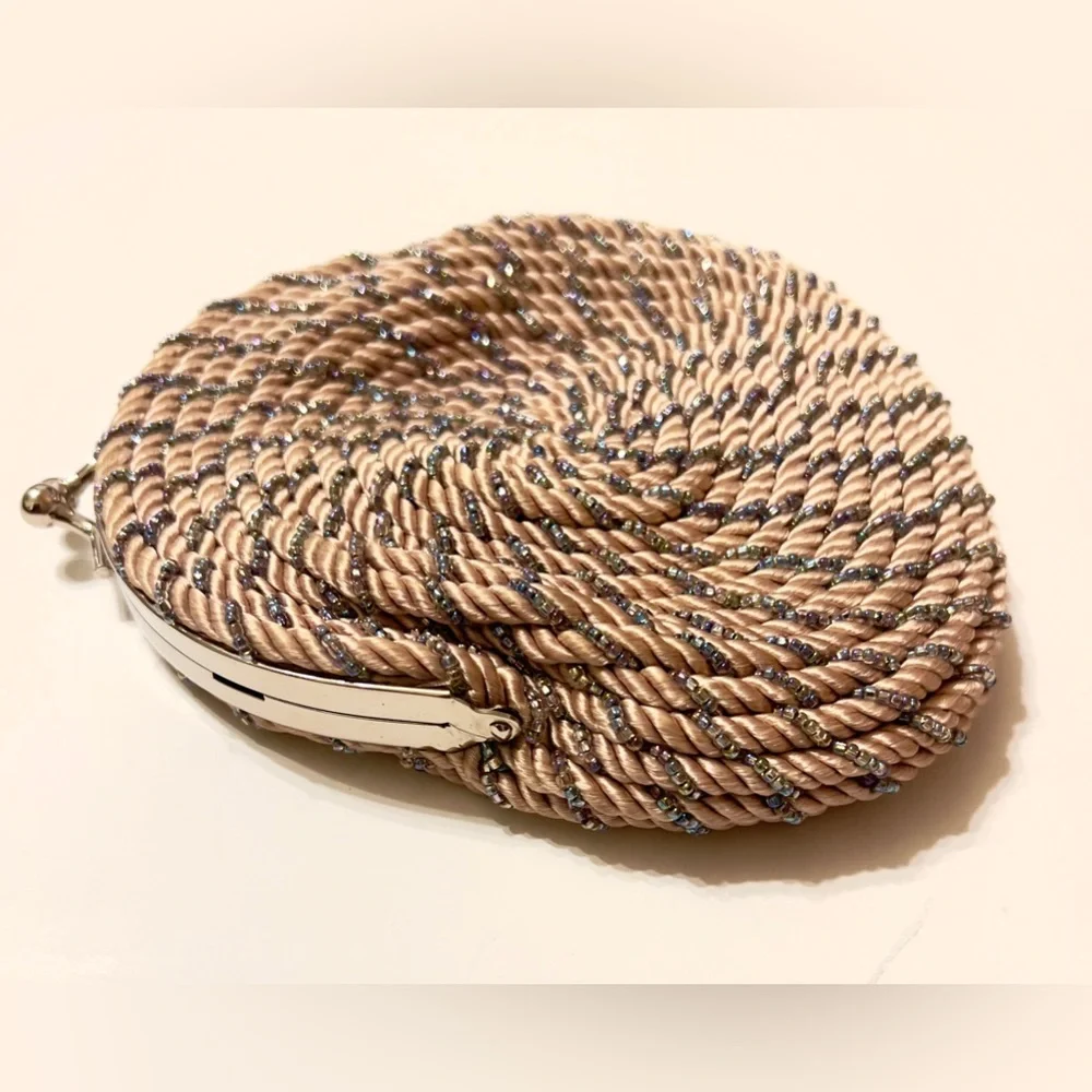 Vintage Evening Treasures Silver Beaded and Twine Clutch Purse